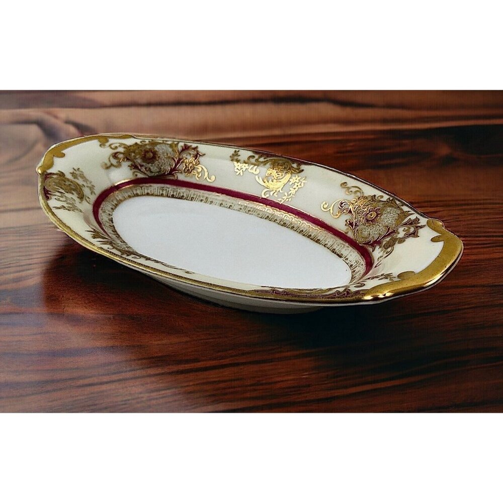 Meito China Oval Bowl Dish Gold Burgundy Trim Japan Hand Painted Vintage
